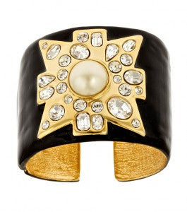 Wide Black Maltese Cross Crystals & Pearl Center Cuff