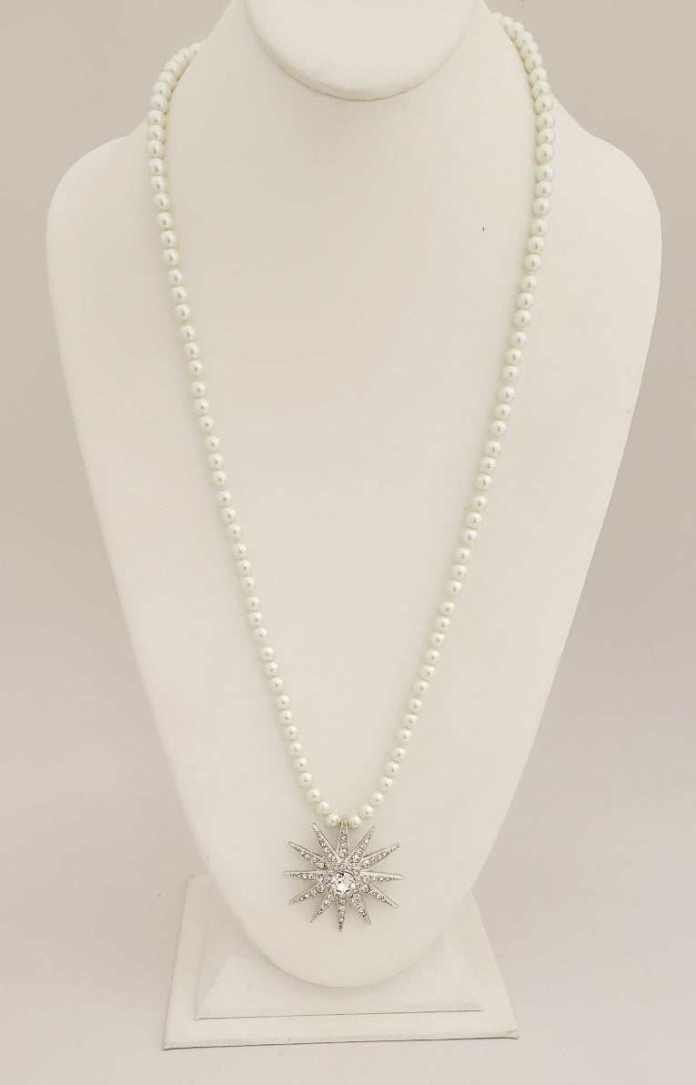 36" white pearls w-silver crystal starburst pendant