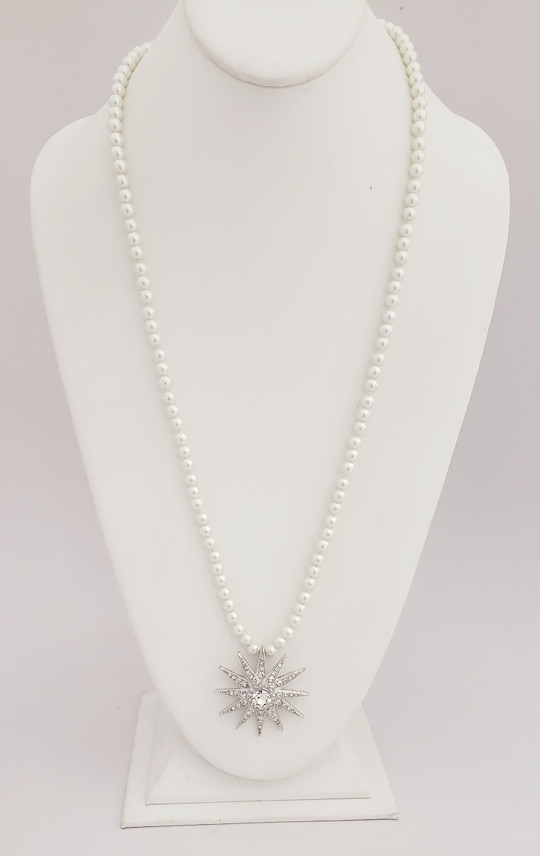 36" white pearls w-silver crystal starburst pendant