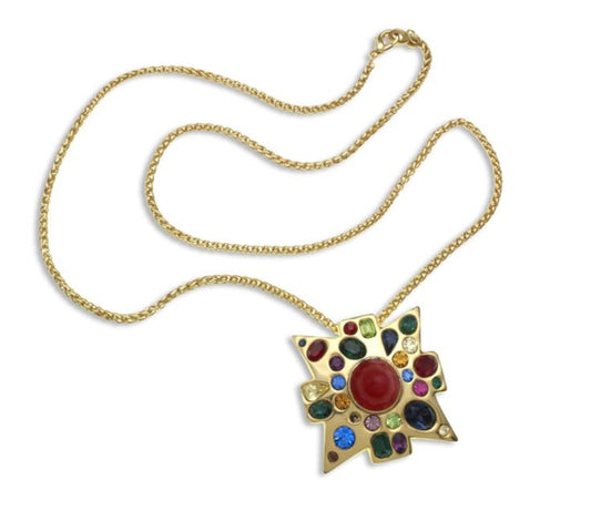 Gold Multi Dark Ruby Center Maltese Cross Pendant Necklace