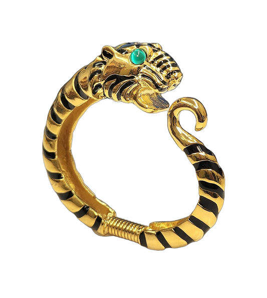 Gold with Black Stripes Tiger Head Green Cab Eyes Spring Hinge Bracelet