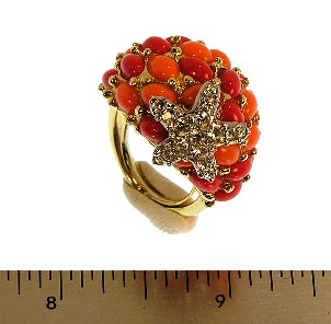 Gold and Twotone Coral Silver and Crystal Starfish Ring