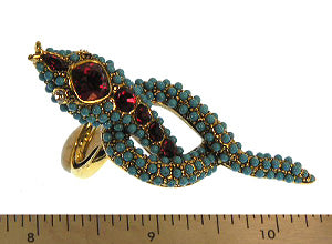 Light Antique Gold Turquoise Ruby Long Tail Snake Ring