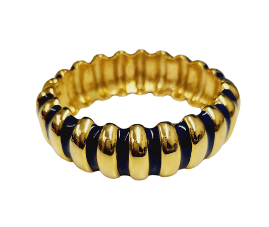 Polished Gold with Lapis Enamel Ribbed Hinge Bracelet