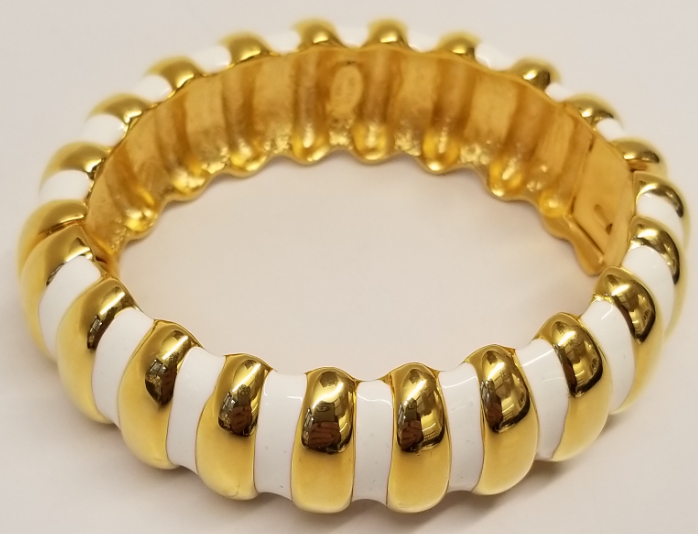 Polished Gold and White Enamel Hinged Bracelet