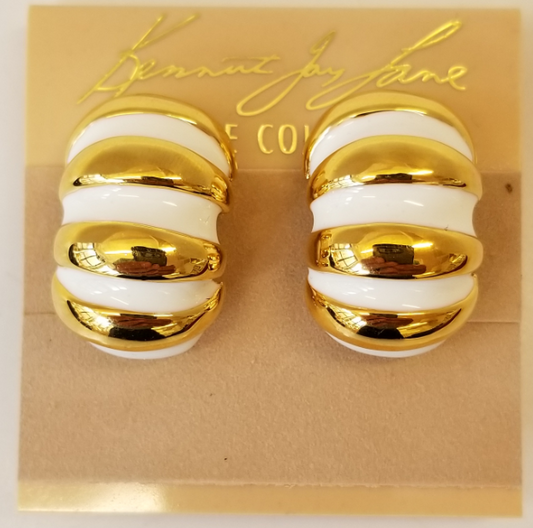 Polished Gold and White Enamel Shrimp Hoop Clip Earring