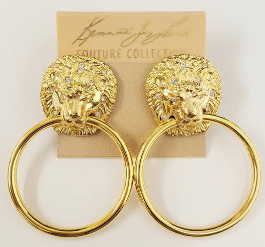 2 1-4" Polished Gold with Crystal LionHead Doorknocker Pierced Earring