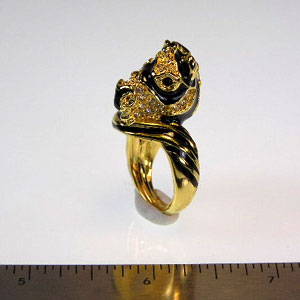 Black Enamel and Crystal and Gold Zebra Ring