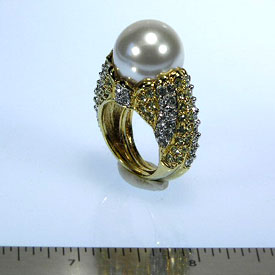 Gold Crystals and Jonquil Adjustable Ring with White Pearl Center