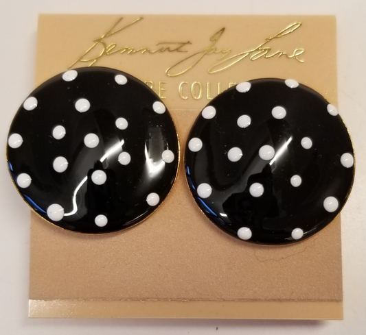 Gold with Black & White Dots Enamel Button Clip Earring