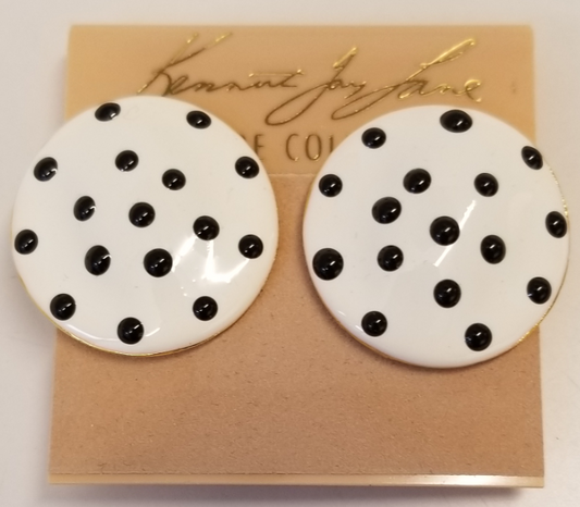 Gold with White & Black Dots Enamel Button Clip Earring