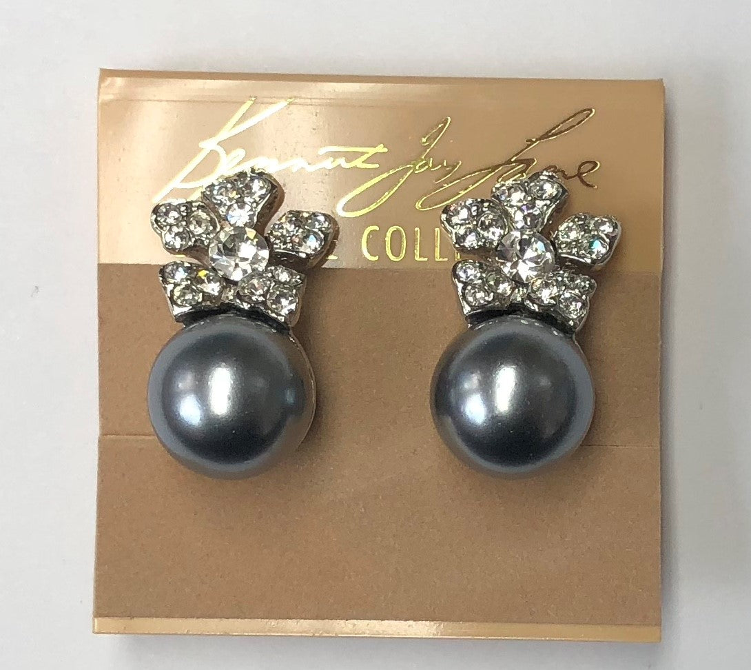 Rhodium Crystals Flower Top And Grey Pearl Bottom Clip Earring