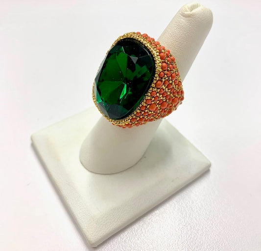 Coral and Emerald Center Stone Ring