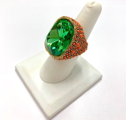 Coral and Peridot Center Stone Ring