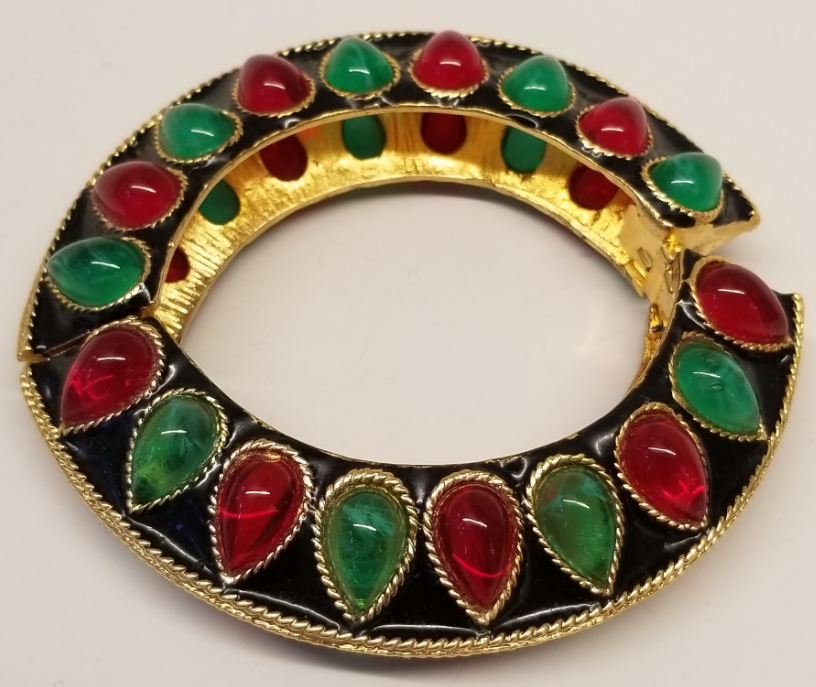 Gold-Black Enamel Emerald-Ruby Hinged Bracelet