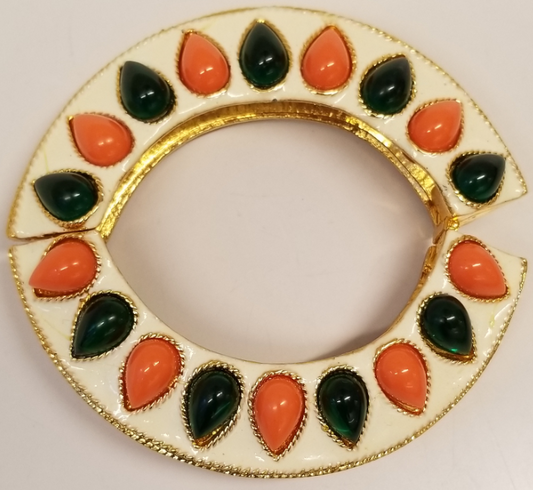Gold-White Enamel Emerald-Coral Cabochons Bombe' Hinged Bracelet