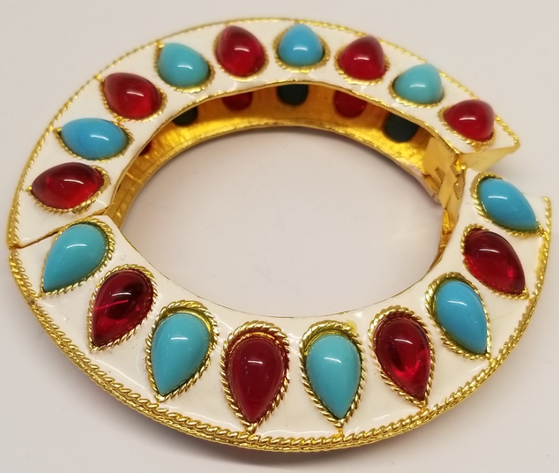 Gold-White Enamel Turquoise-Ruby Cabochons Bombe' Hinged Bracelet