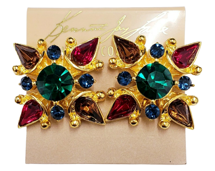 Gold with Dark Multi Gem Emerald Center Maltese Clip Earring