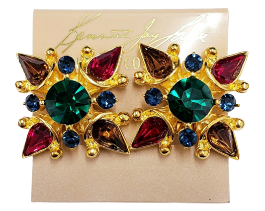 Gold with Dark Multi Gem Emerald Center Maltese Clip Earring