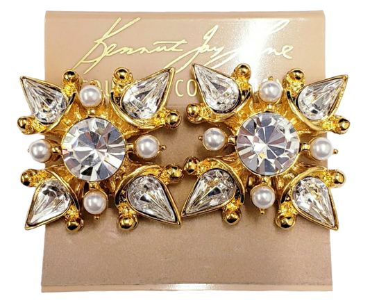 Gold with Crystal Pearl Dots Crystal Center Maltese Clip Earring