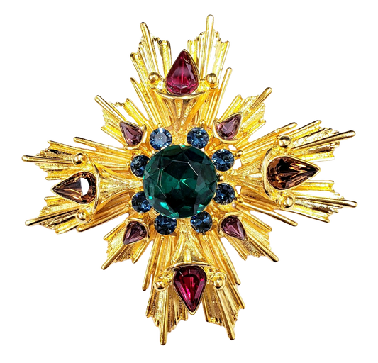 Gold with Dark Multi Gem & Emerald Center Maltese Pin