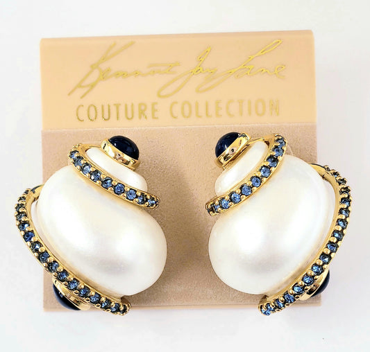 Gold with White Pearl Sapphire & Lapis Tip Shell Pierced Earring