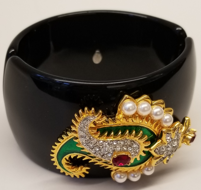 Black Resin Hinged Cuff With Green Enamel Paisley