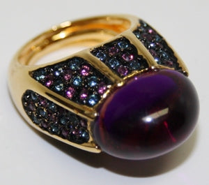 Polished Gold Amethyst Center Ring With Sapphire And Amethyst Crystals