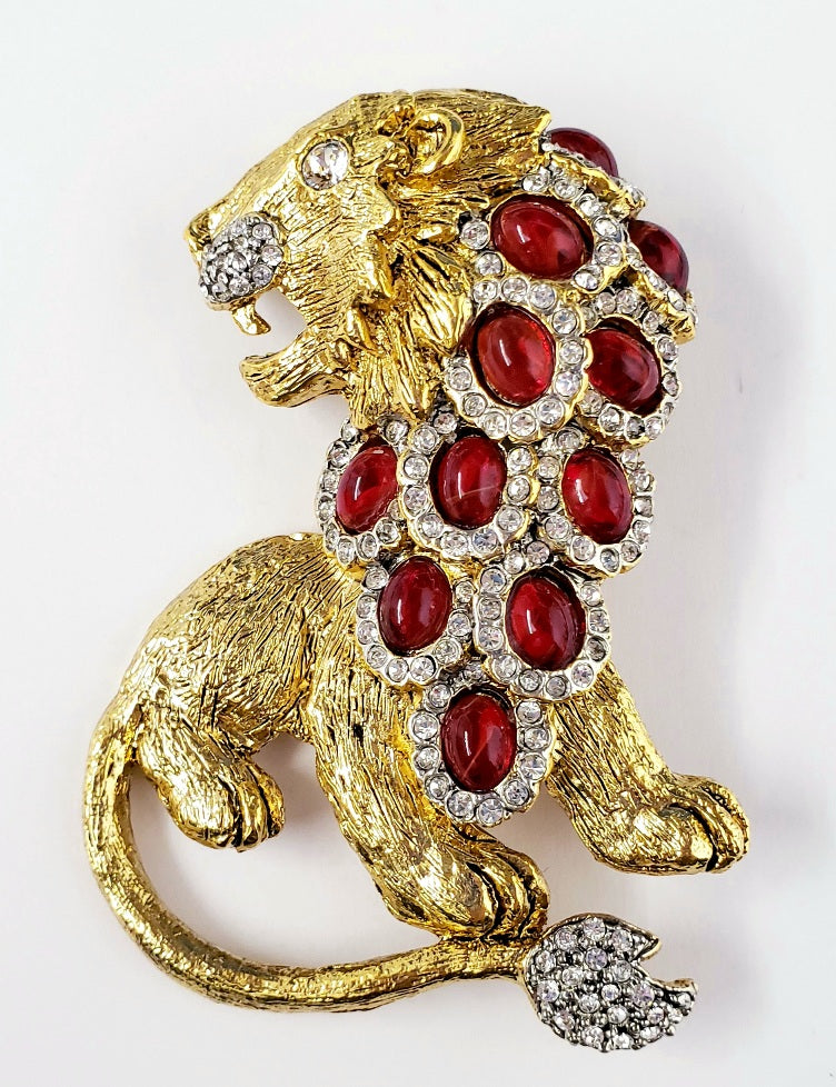 3" Gold Two Toned Rhinestone and Flaw Ruby Cabochon Lion Pin