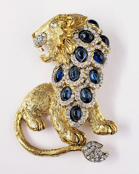 3" Gold Two Toned Rhinestone and Flaw Sapphire Cabochon Lion Pin