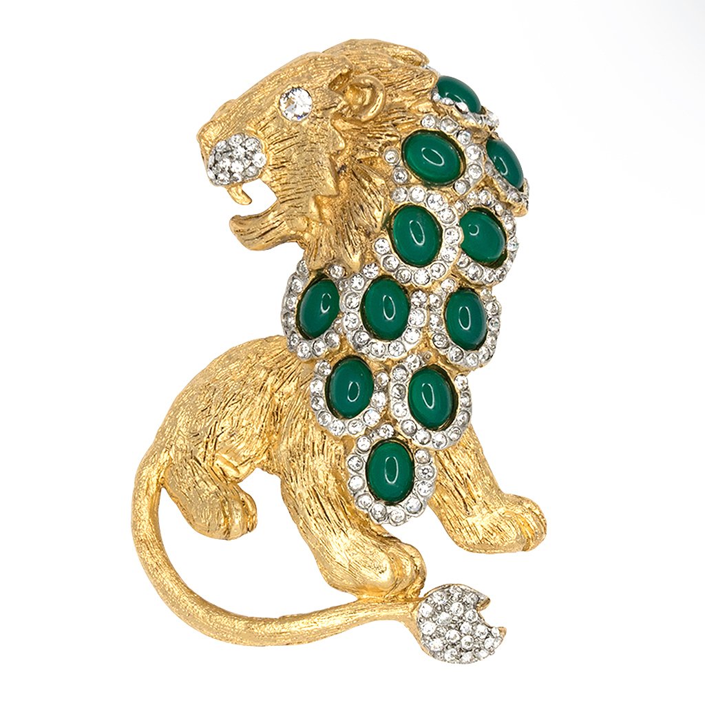 Green Cabochons & Gold Lion Pin