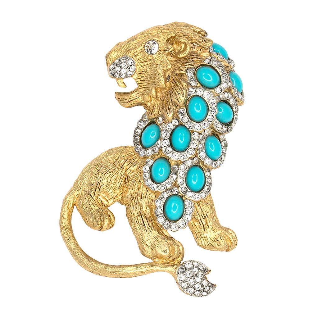 Turquoise Cabochon & Gold Lion Pin