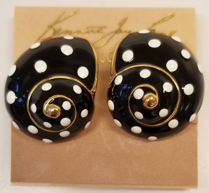 Gold with Black & White Polka Dots Enamel Snail Clip Earring