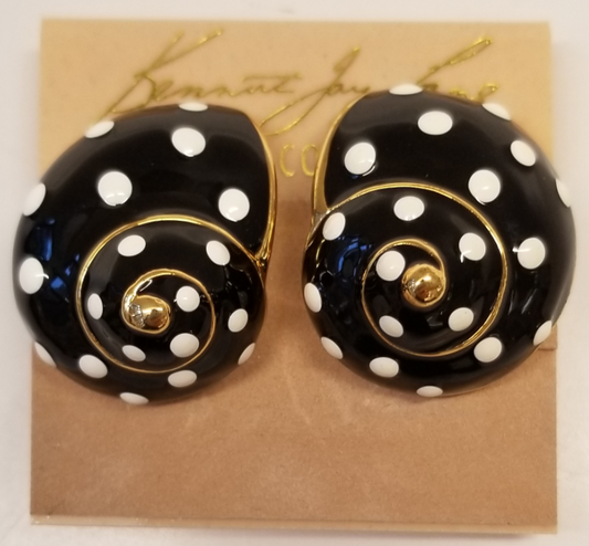 Gold with Black & White Polka Dots Enamel Snail Clip Earring