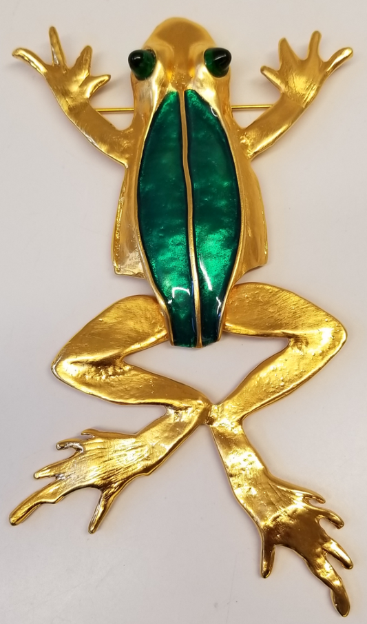 Large Gold- Transparent Green Back Frog Pin