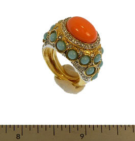 Gold and Crystal Small Turquoise Side Light Coral Center Ring