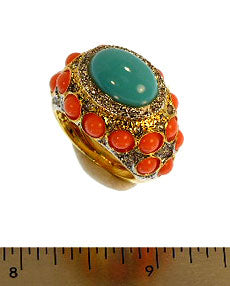 Gold and Crystal Small Coral and Large Turquoise Top Ring