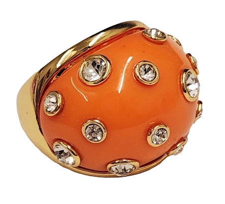 Coral Domed Gold Adjustable Ring w- Crystals