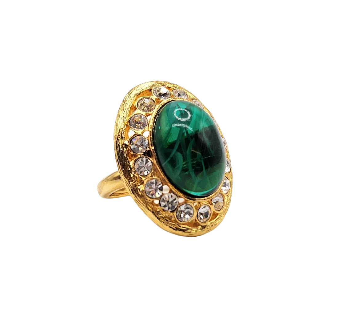 Gold with Rhinestone Oval Flaw Emerald Cabochon Center Ring