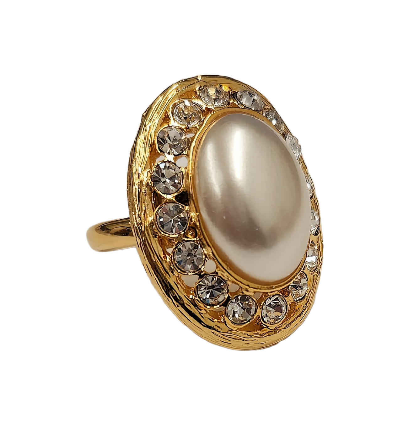 Gold with Rhinestone Oval Pearl Cabochon Center Ring