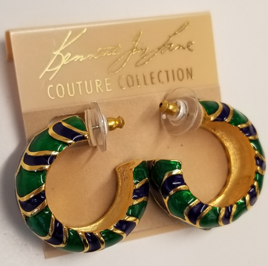 Gold Green & Lapis Enamel Hoop Earring