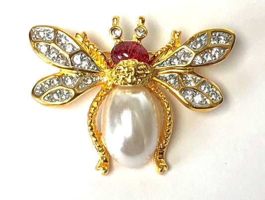 Gold Pearl Body Ruby Head Bee Pin