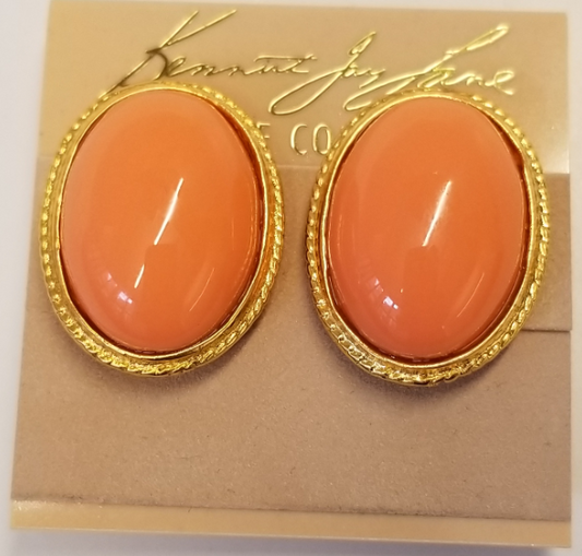 Gold and Light Coral Cabachon Oval Clip Earring