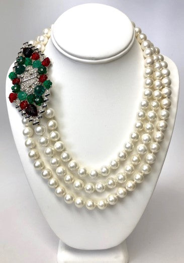 3 Row White Pearl with Multi Color Deco Clasp Necklace