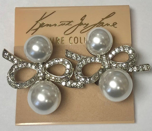 Rhodium Crystals And White Double Pearls Bow Clip Earring