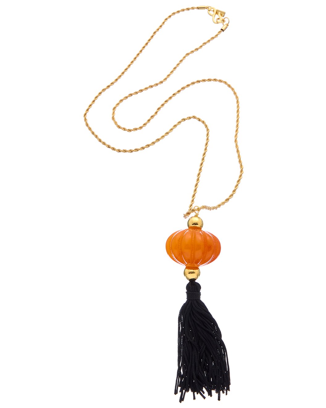 32" Gold Chain with Amber Bead & Black Tassel Pendant Necklace