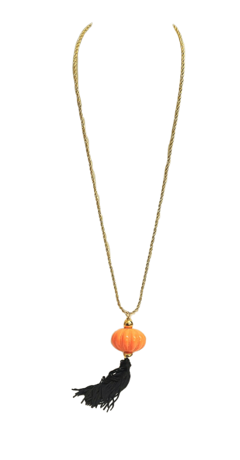 32" Gold Chain with Coral and Black Tassel Pendant