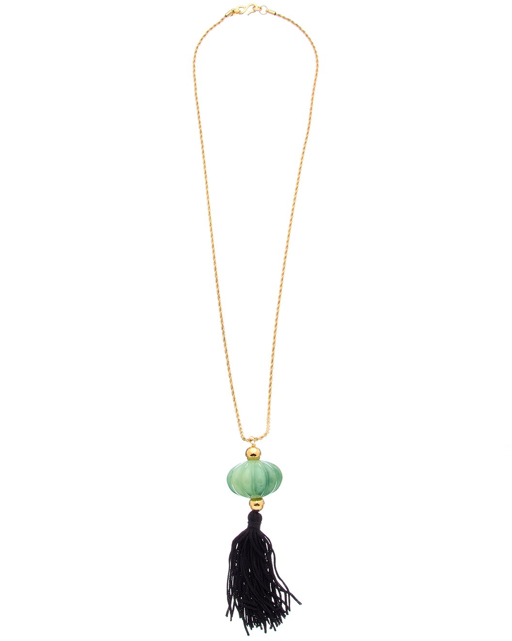 32" Gold Chain with Jade Pendant and Black Tassel