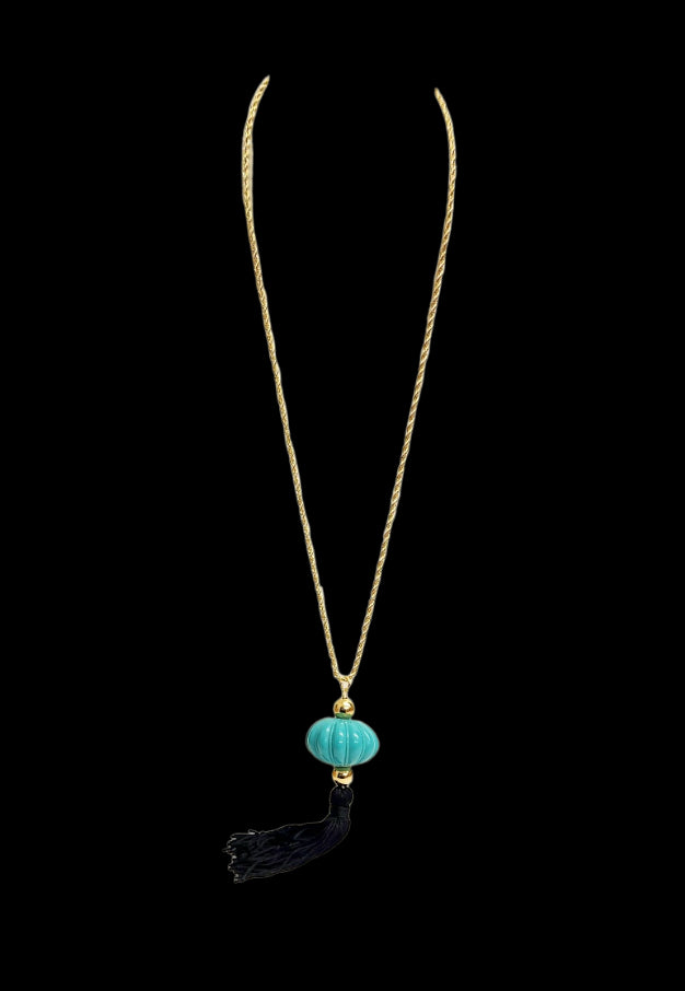 32" Gold Chain With Turquoise And Black Tassel Pendant Necklace