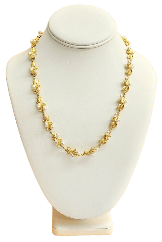 16" Satin Gold and Pearl Flowers 1 Strand "S" Hook Necklace